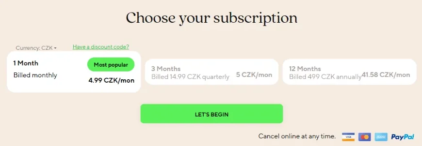 Stránka Lifesumu „Choose your subscription“ s měnou CZK: měsíc za 4,99 Kč, tři měsíce za 14,99 Kč (5 Kč měsíčně) a rok za 499 Kč (41,58 Kč měsíčně).