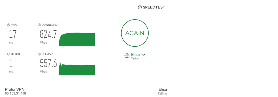 Kiirustest Eesti asukoha kaudu: 17 ms vastuseaeg, 824,7 Mbit/s allalaadimine, 557,6 Mbit/s üleslaadimine.