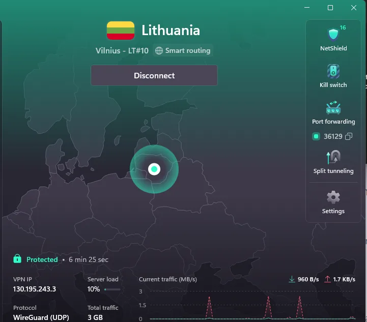 Окно приложения Proton VPN: подключение к Литве, под названием «Vilnius – LT#10» показана метка «Smart routing», протокол «WireGuard (UDP)», нагрузка сервера 10 %.